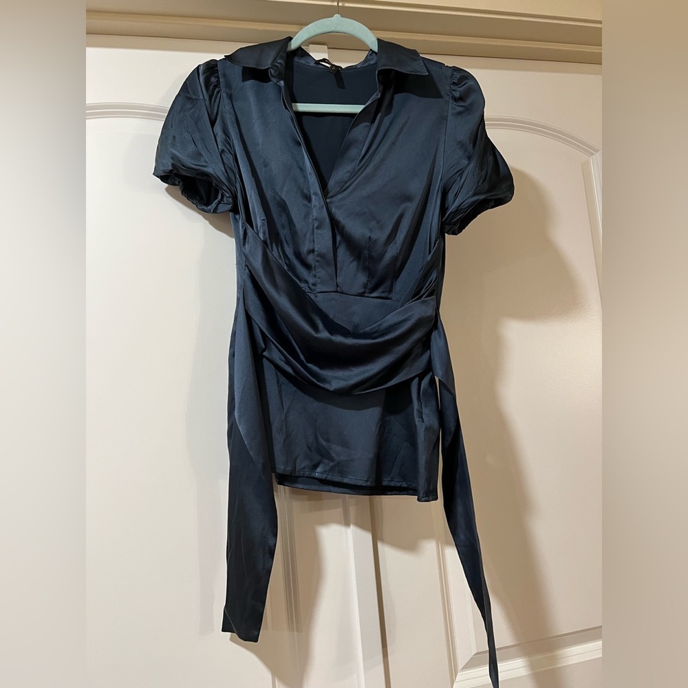 BCBGMaxAzria Navy Silk Wrap Blouse